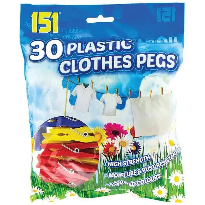 151 Plastic Clothes Pegs 30 Pack Strong Grip Multi-coloured Box of 24