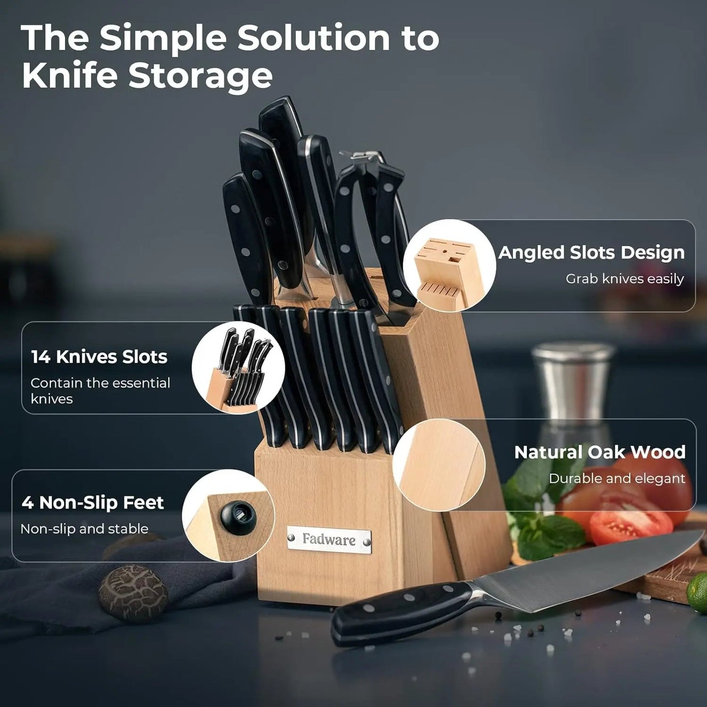 Fadware 14-Piece Kitchen Knife Set with Block and Sharpener