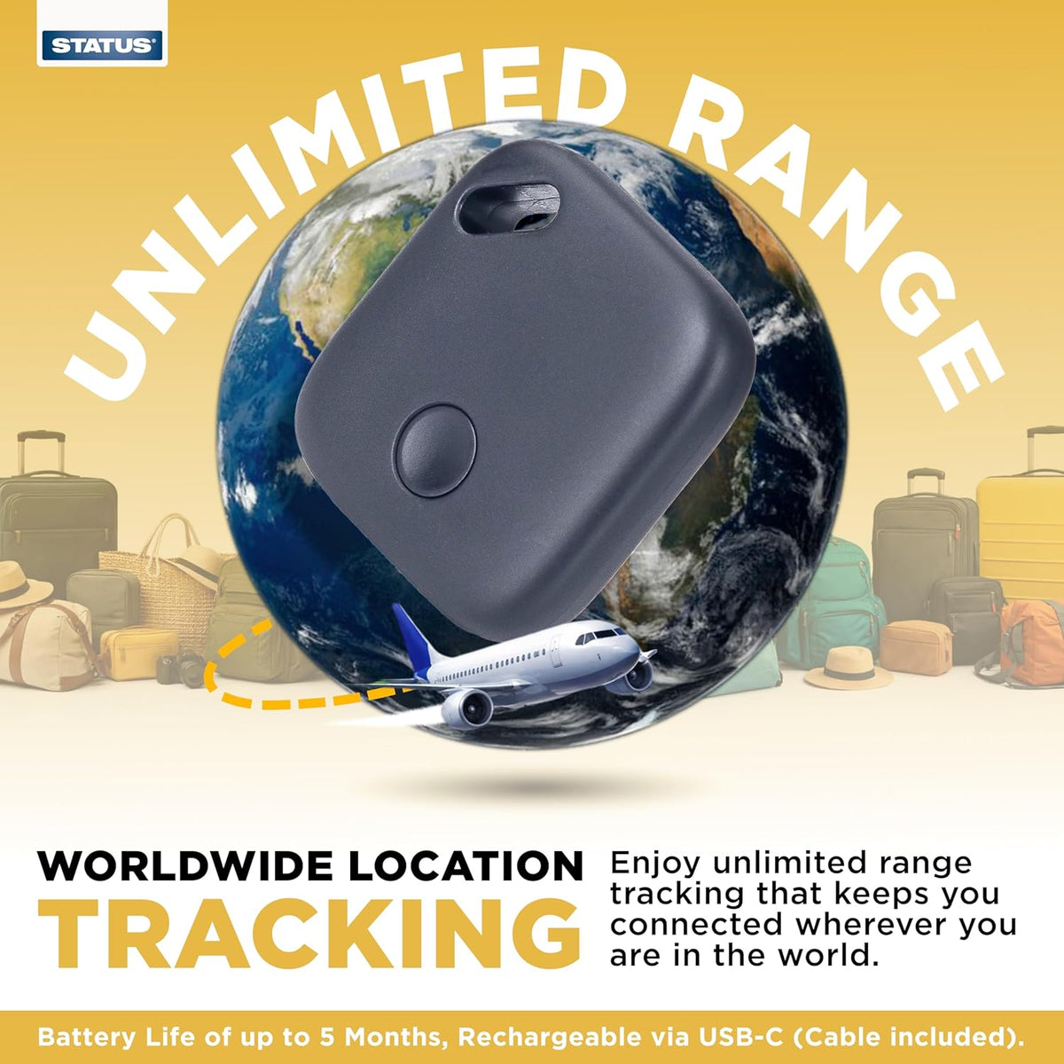 Status Bluetooth Security Tracker for iPhone USB-C Rechargeable Smart Tag with Keyring for Keys, Luggage & Bags, Up to 5 Months Battery Life, Black
