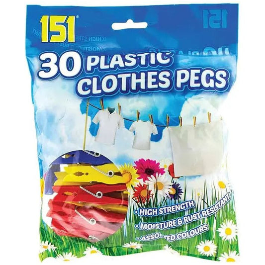 151 Plastic Clothes Pegs 30 Pack Strong Grip Multi-coloured Box of 24