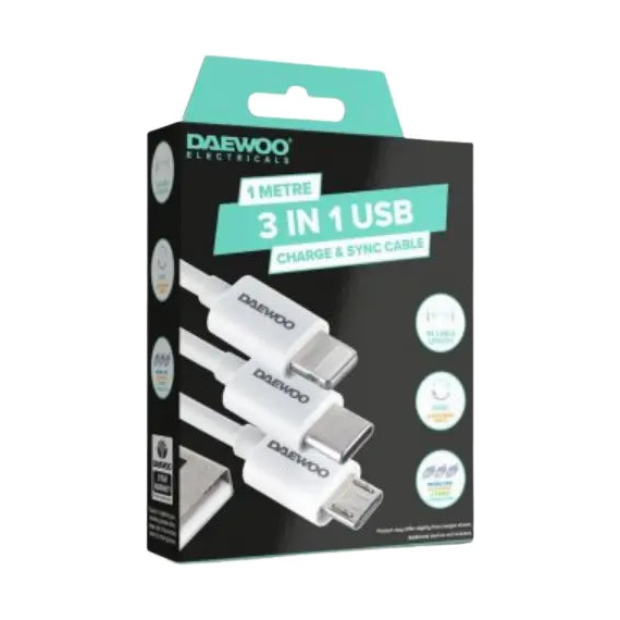 1 Metre 3 In 1 USB Charge And Sync Cable Daewoo - Box of 6