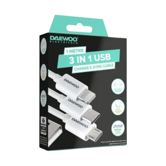1 Metre 3 In 1 USB Charge And Sync Cable Daewoo - Box of 6