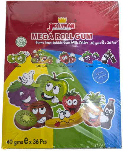 Jellyman Mega Roll Gum (40 gr ) With Tattoo 5 Flavours (Apple , Tutti Frutti, Strawberry, Cola & Grape) 36's