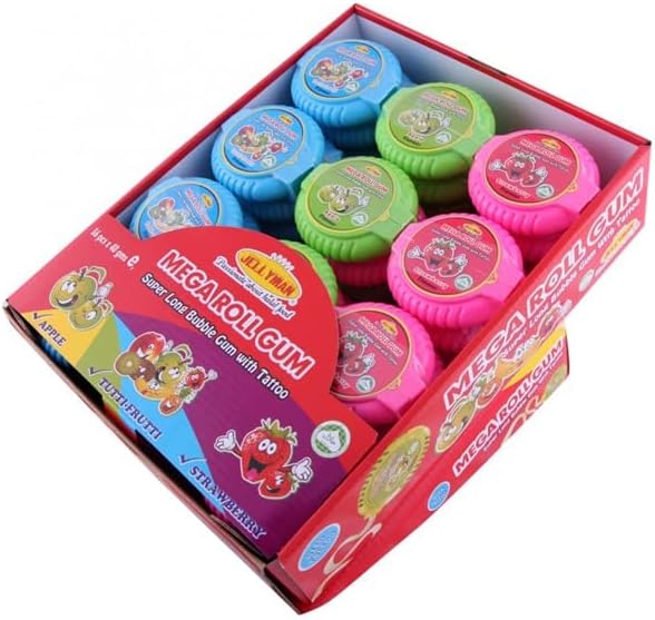 Jellyman Mega Roll Gum (40 gr ) With Tattoo 5 Flavours (Apple , Tutti Frutti, Strawberry, Cola & Grape) 36's