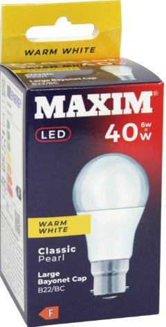 Maxim 6W B22 GLS LED Bulb 40W Equivalent Warm White 2700K Pearl 470 Lumens