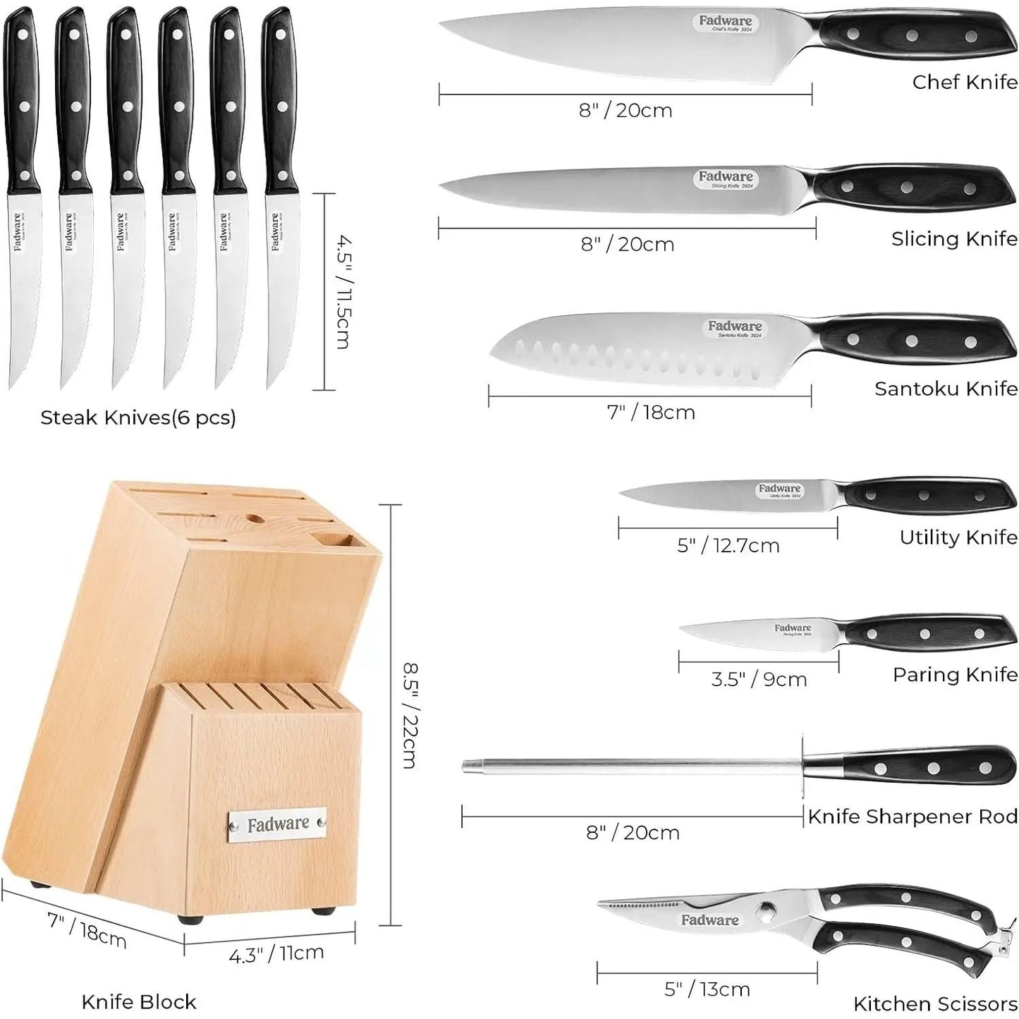 Fadware 14-Piece Kitchen Knife Set with Block and Sharpener