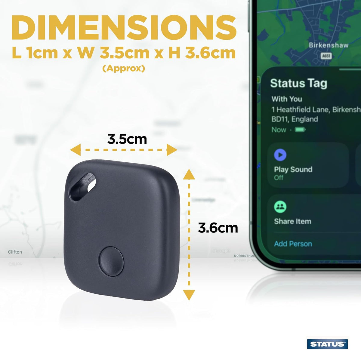 Status Bluetooth Security Tracker for iPhone USB-C Rechargeable Smart Tag with Keyring for Keys, Luggage & Bags, Up to 5 Months Battery Life, Black