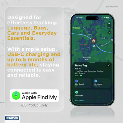 Status Bluetooth Security Tracker for iPhone USB-C Rechargeable Smart Tag with Keyring for Keys, Luggage & Bags, Up to 5 Months Battery Life, Black