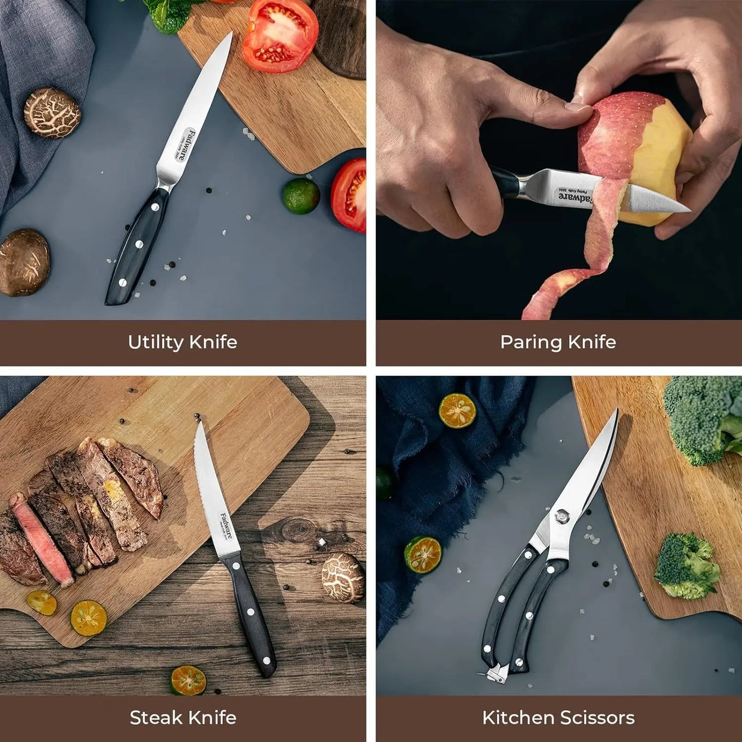 Fadware 14-Piece Kitchen Knife Set with Block and Sharpener
