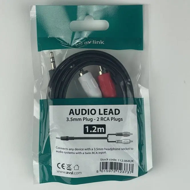 AUX (3.5mm) To 2 Phono Lead 1.2 Metre - AV Link - Pack of 5 Pack of 5