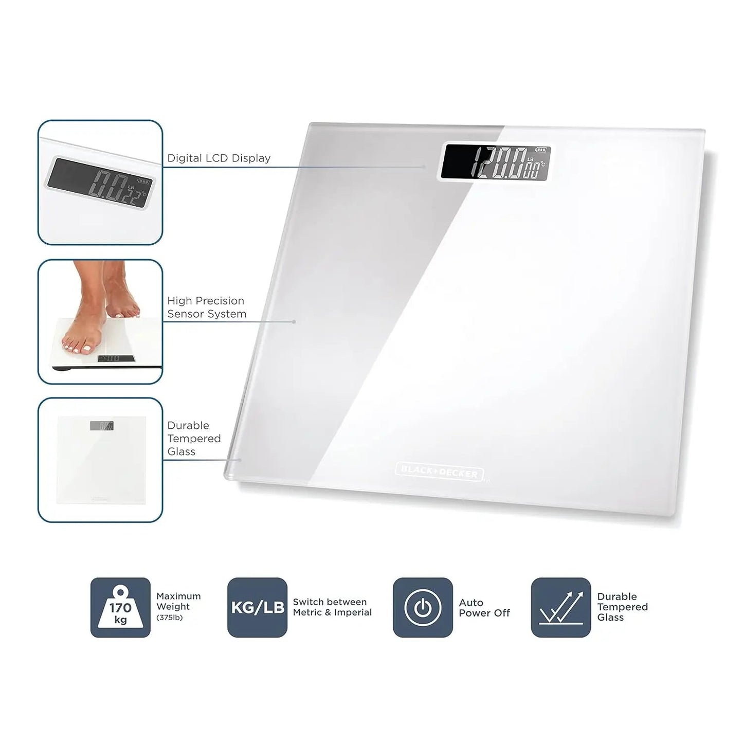 BLACK+DECKER BXBS0001GB Digital Bathroom Scale, High Precision Sensor System, Durable Tempered Glass, LCD Display, White