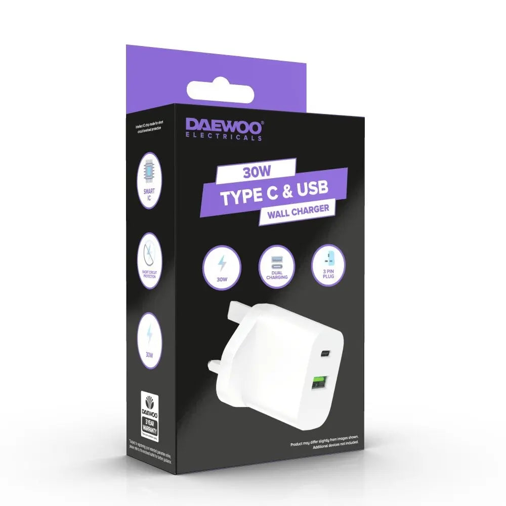 Daewoo 30W USB-C & USB-A White Wall Charger Plug Socket Adaptor