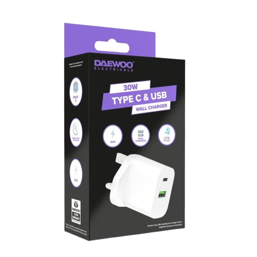 30W USB-C & USB-A White Wall Charger Plug Socket Adaptor