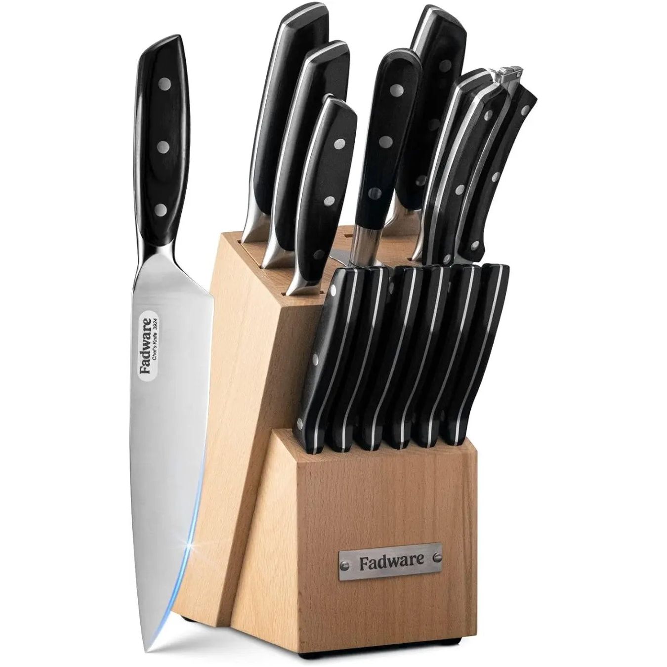 Fadware 14-Piece Kitchen Knife Set with Block and Sharpener