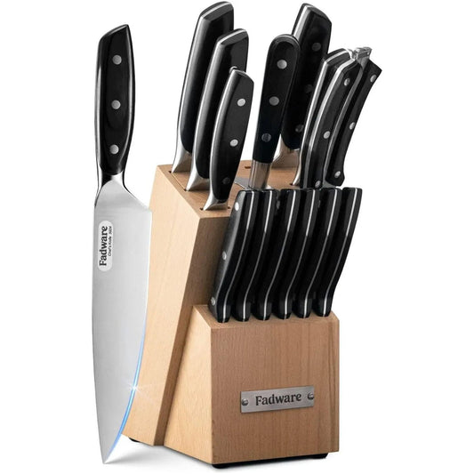 Fadware 14-Piece Kitchen Knife Set with Block and Sharpener