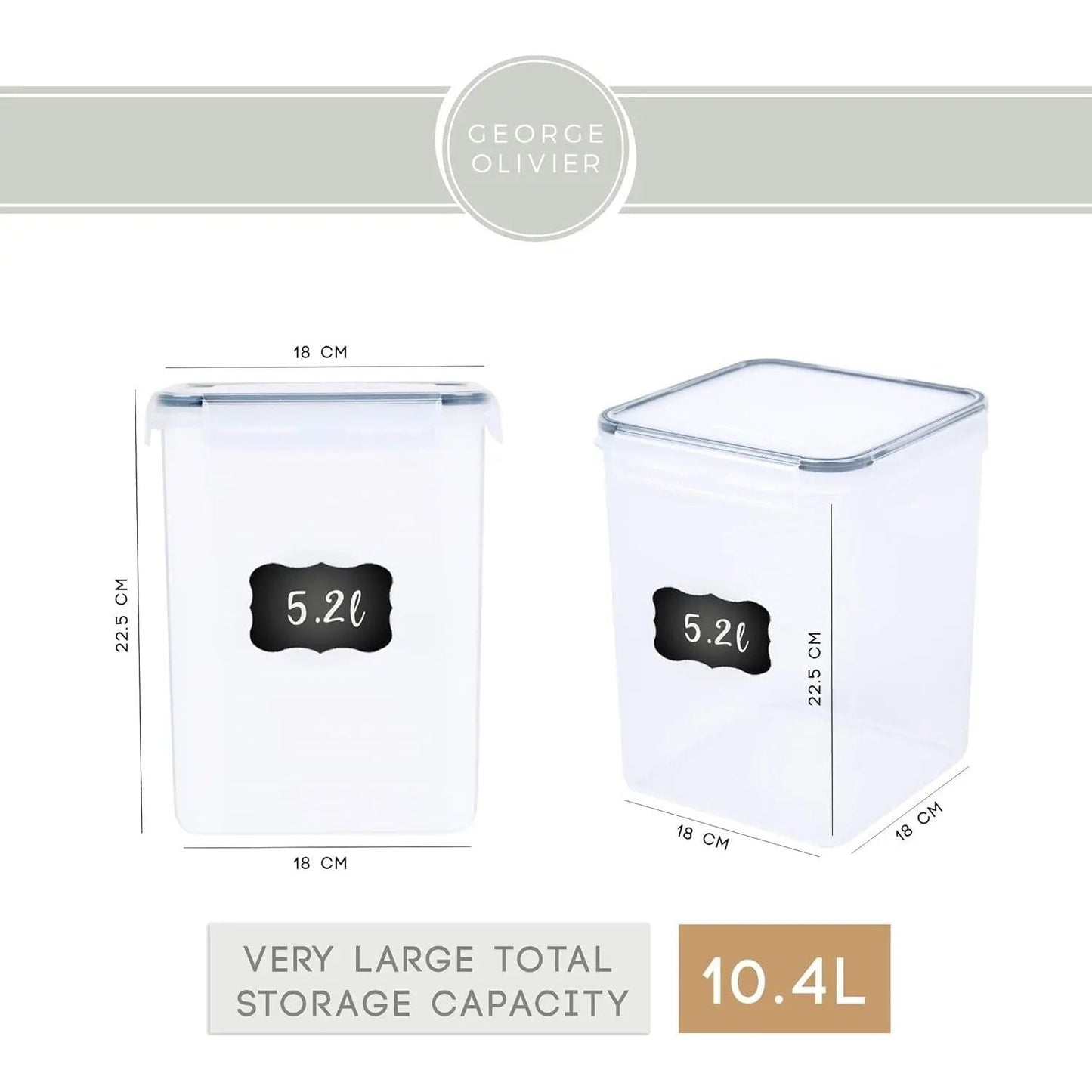 George Olivier 2 x 5.2L Airtight Food Storage Container Set + 4 Chalkboard Labels & Marker Non-BPA Plastic