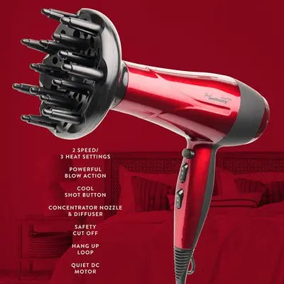 ''Ultra Pro'' 2200w Hair Dryer with Diffuser - Hot Red
