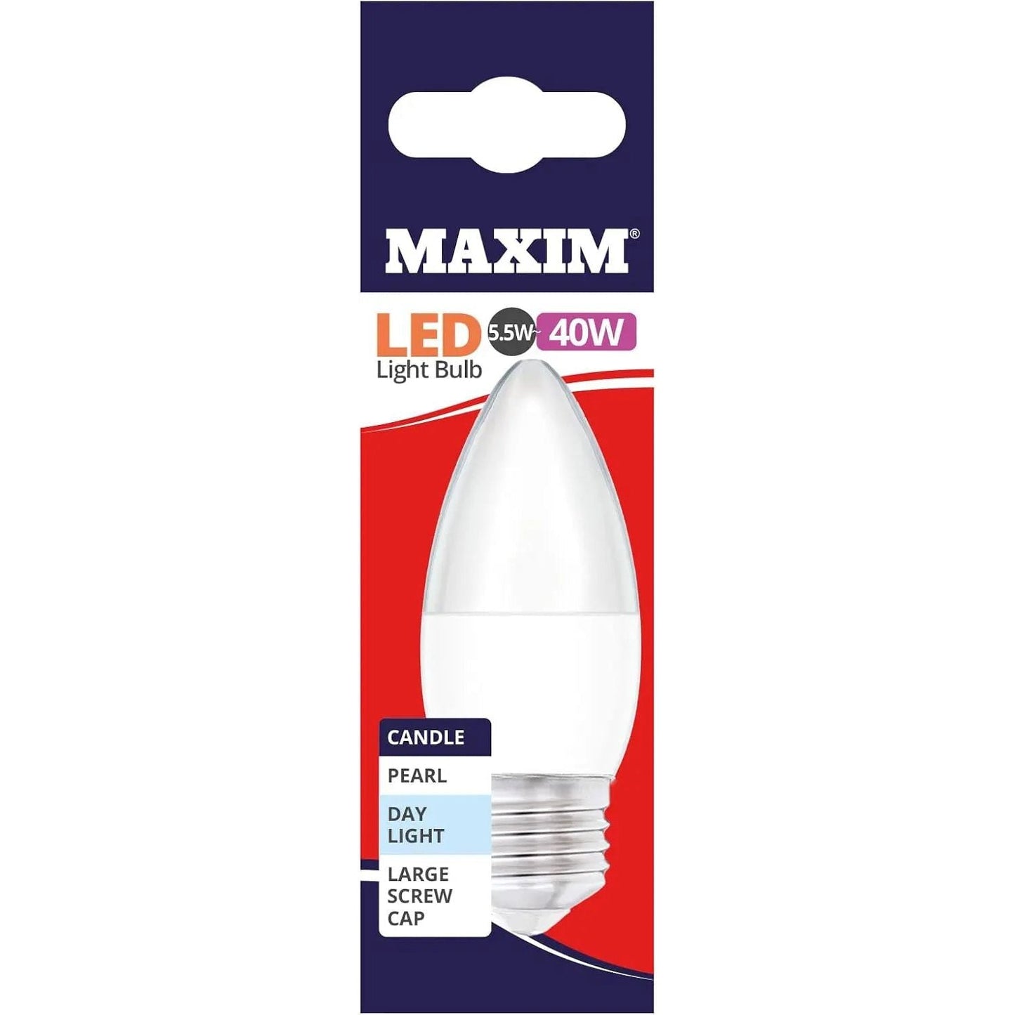 Maxim LED Light Bulb 6W=40W Candle Pearl Day Light Large Screw Cap - Box of 10