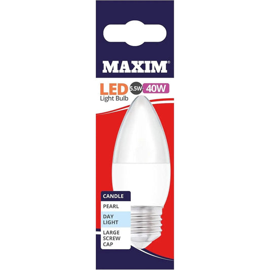 Maxim LED Light Bulb 6W=40W Candle Pearl Day Light Large Screw Cap - Box of 10