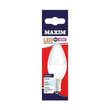 Maxim LED Light Bulb 6W=40W Candle Pearl Day Light Small Bayonet Cap - Box of 10