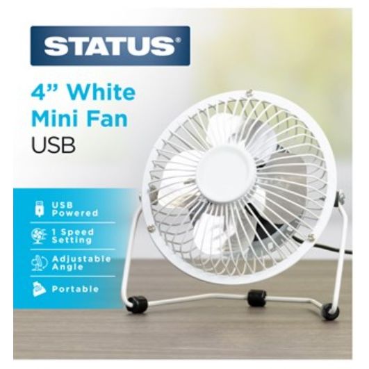 Status Portable USB Powered 4" Desk Mini Fan - White