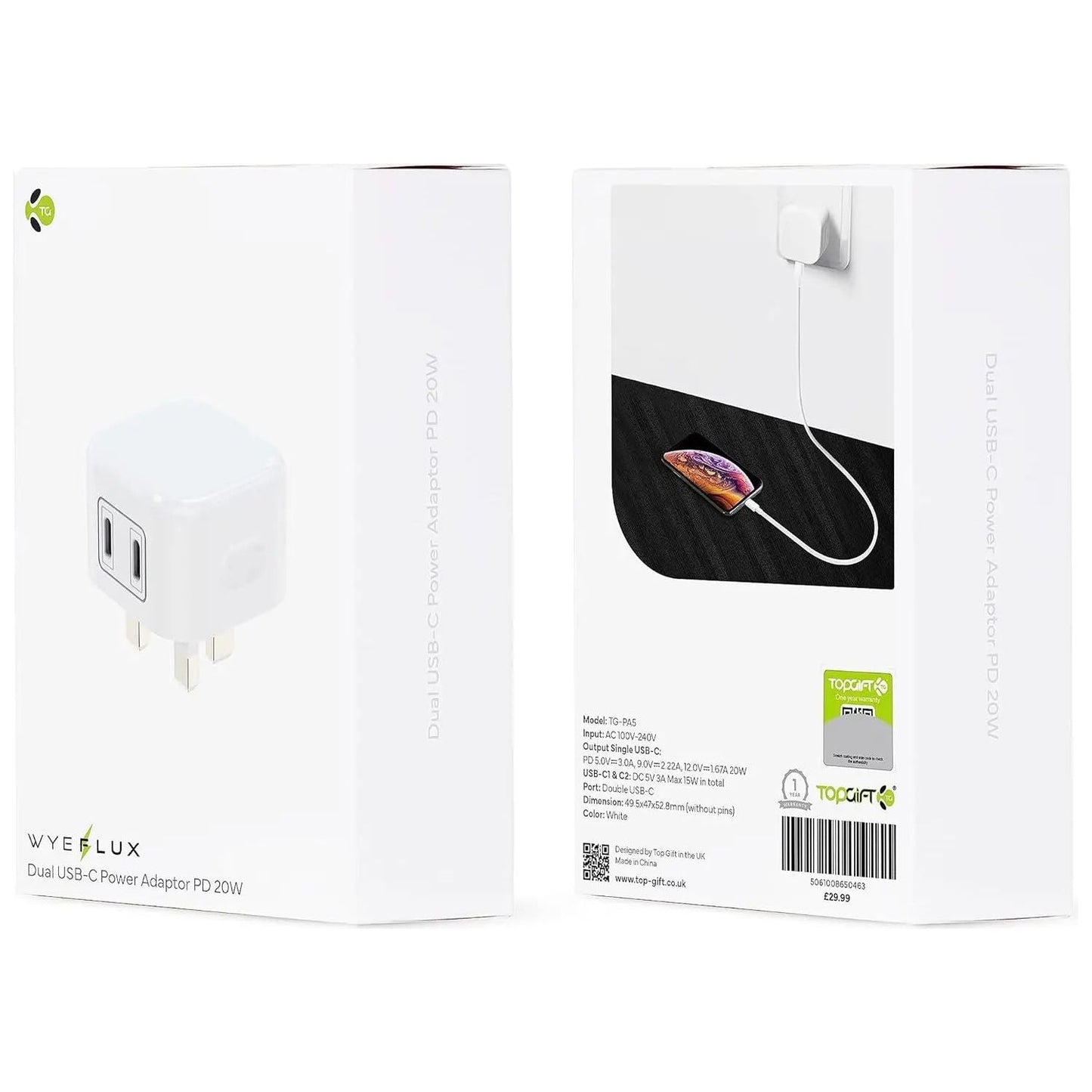 WyeFlux Dual USB-C Power Adaptor PD 20W