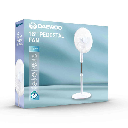 Daewoo 16" White Pedestal Fan Round Base