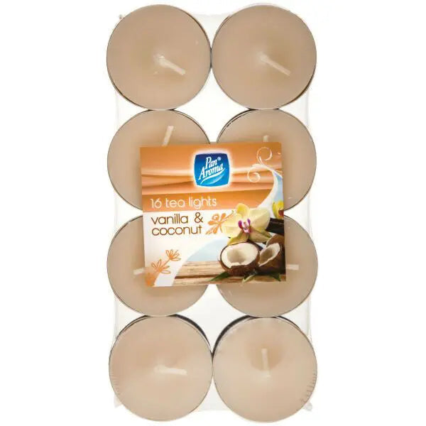 Tea Light Candles Vanilla & Coconut 16 Pack Pan Aroma - Box of 24