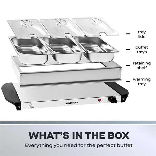 Daewoo Electric Buffet Server 200W 3 x 1.5L Food Warmer with Thermostatic Control & Plate Warmer