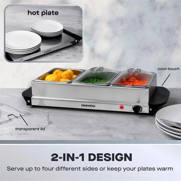 Daewoo Electric Buffet Server 200W 3 x 1.5L Food Warmer with Thermostatic Control & Plate Warmer
