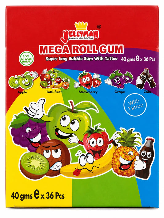 Jellyman Mega Roll Gum (40 gr ) With Tattoo 5 Flavours (Apple , Tutti Frutti, Strawberry, Cola & Grape) 36's